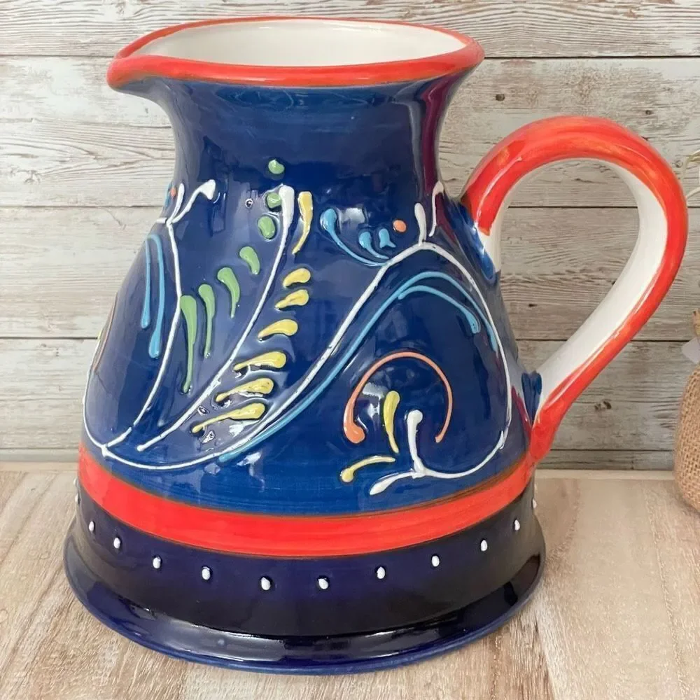NWT Cerámicas Anoru S.L. Blue Red Hand Painted Ceramic Pitcher Made in Spain